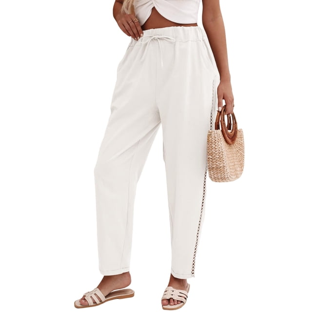 Pantalones de con Cordón Ajustable para Mujer, Pantalones de Playa de Verano con Cintura Elástica. S