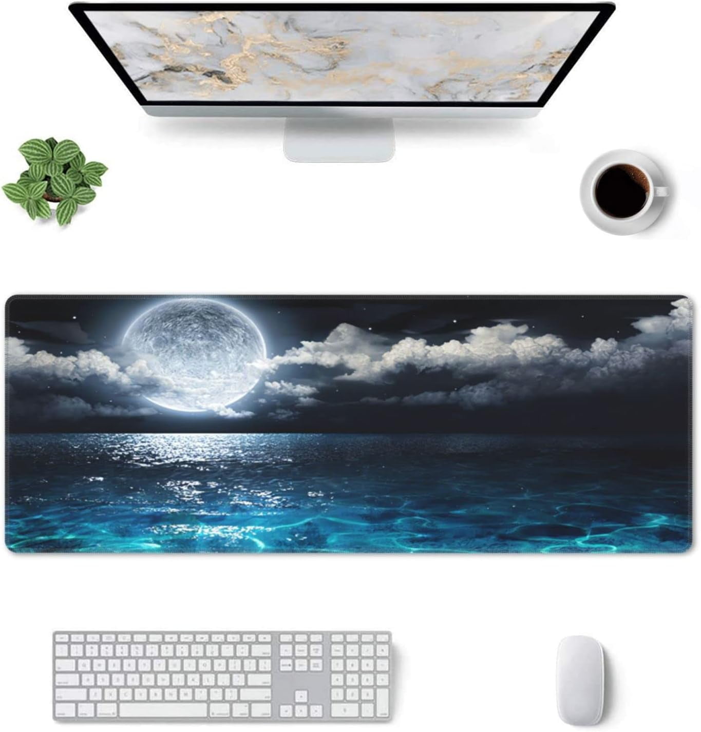 Blue Clear Ocean Moon Mouse Pad XL Extended Desk Mat, Non Slip Rubber Base Stitched Edge Gaming Pc Desktop Large Mice Pad,31.5 x 11.8 Inch