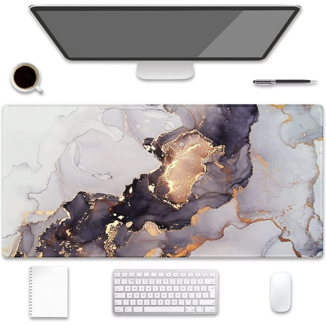 Large Extended Gaming Mouse Pad (31.5x15.7 inch, 3 mm Thick) with Non-Slip Rubber Base, XXL Mouse Keyboard Water-Resistant Desk Mat, for Gaming Office Home Computer Laptop, Grey Gold Marble