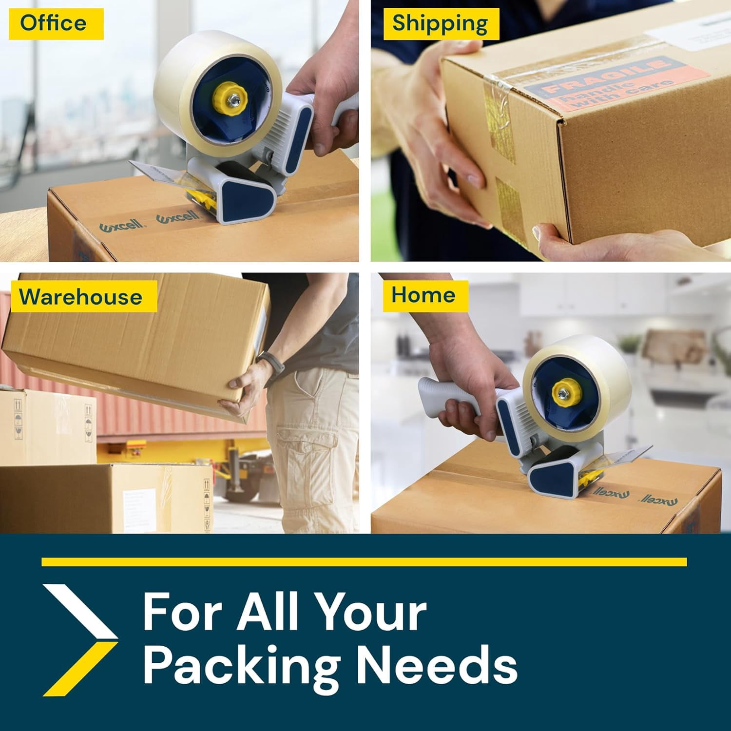 Excell Safeguard Packing Tape Dispenser with 1 Roll – 2 Inch Wide Tape Gun for Packaging, Box Sealing, and Carton Sealing