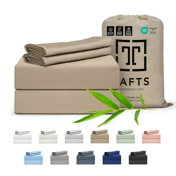 Tafts Draps 100 % Viscose Dérivés de Bambou Taille Cali-Très Grand Ensemble de Draps 17 Pouces Poches Profondes Luxueusement Doux Soyeux Rafraîchissants Double Couture Garantie à Vie (Beige)