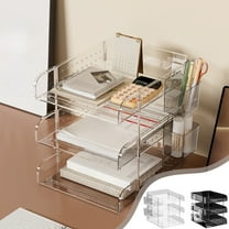 CQCYD under $5 3 Tier Acrylic Paper Tray Organizer with Pen Holder, Clear Stackable Desktop Paper Organizer Letter Tray Shelf, Shelf Office Organizer for File Paper, Letter, Office File, Books, Notes