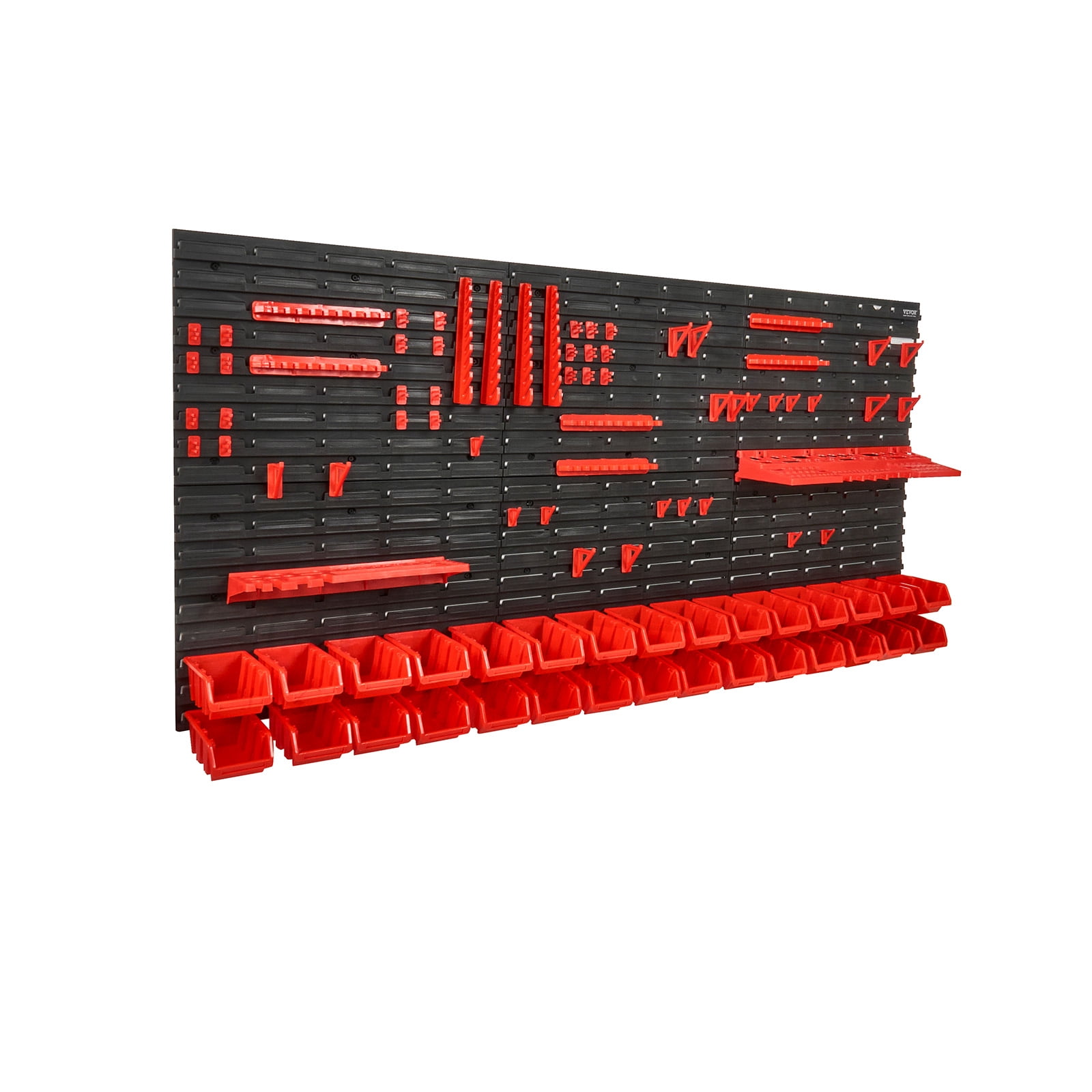VEVOR Wall Mounted Storage Bins,30-Bin Parts Rack Organizer Garage Plastic Shop Tool with Wall Panels/Tool Holders/Hooks,Tool Organizer for Nuts, Bolts, Screws, Nails, Beads, Buttons,Black and Red