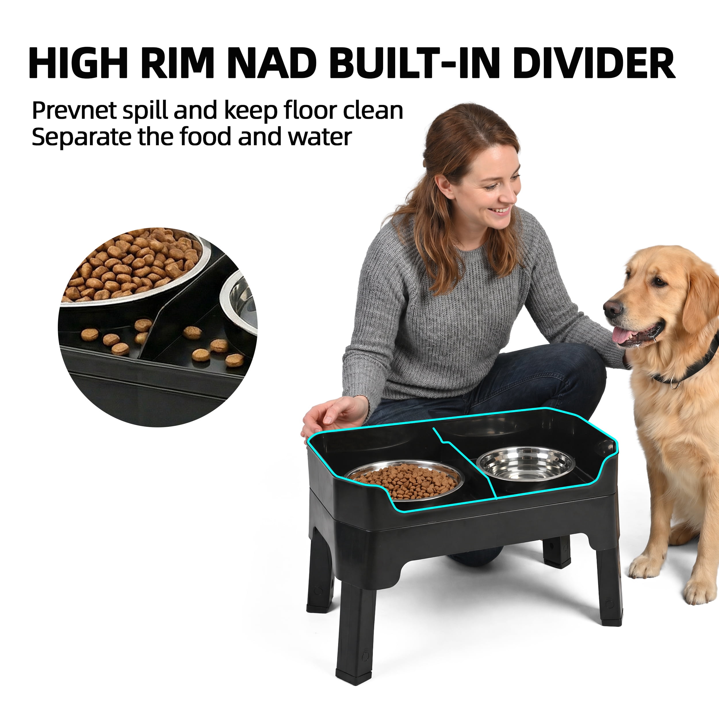 Max & Marlow Elevated Dog Bowls with 3 Adjustable Heights,No-Spill Raised Dog Food and Water Bowl Stand with 2 Stainless Steel Bowls
