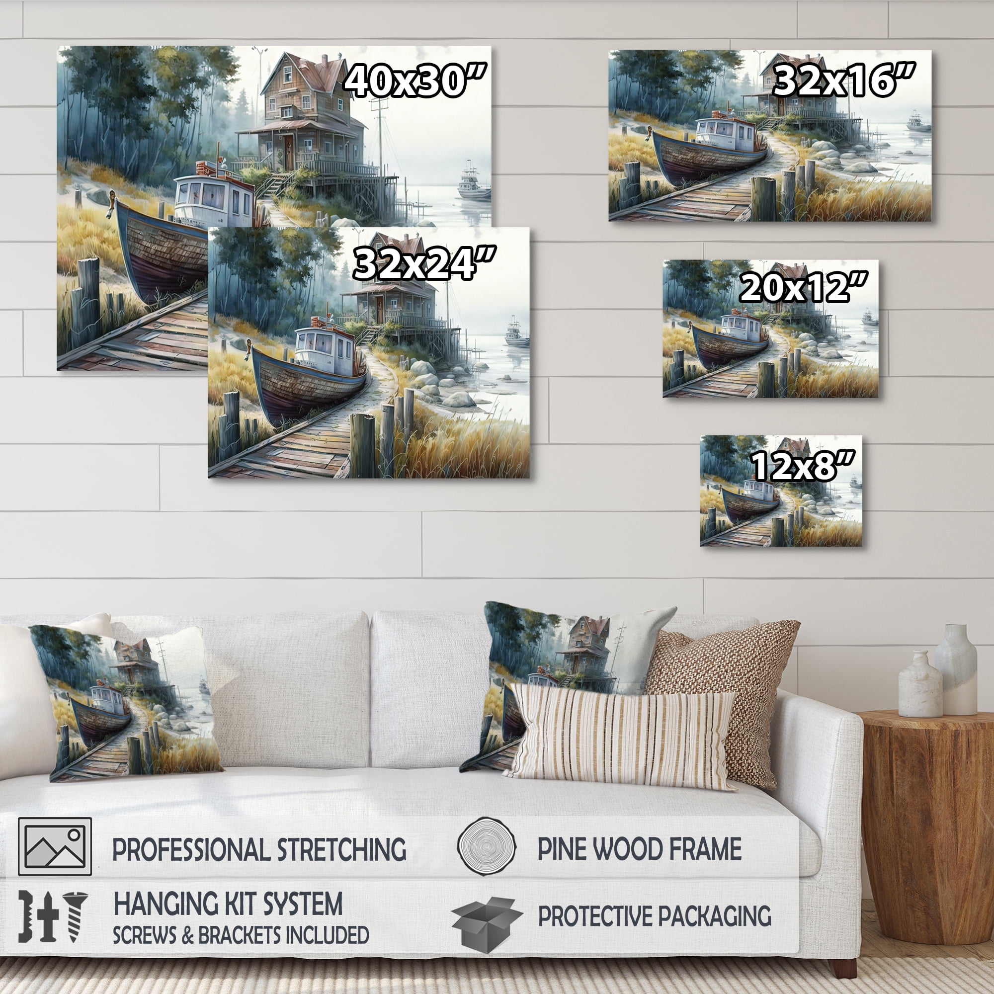 Designart Rustic Port With A Fishing Boat III Canvas Wall Art