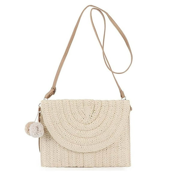 GEZHEN Summer Crossbody Handbag Beach Bag Wallet Envelope Pompon Purse Women's Bag Messenger Bags Straw Rope Woven Pom Poms Clutch Shoulder Bag Crossbody Bag