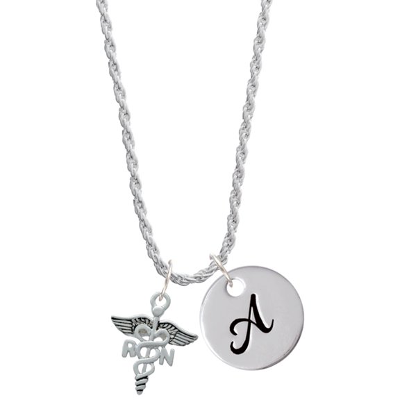 Delight Jewelry Silvertone Registered Nurse Caduceus Silvertone Script Initial Disc - A - Charm Necklace, 20" 3"