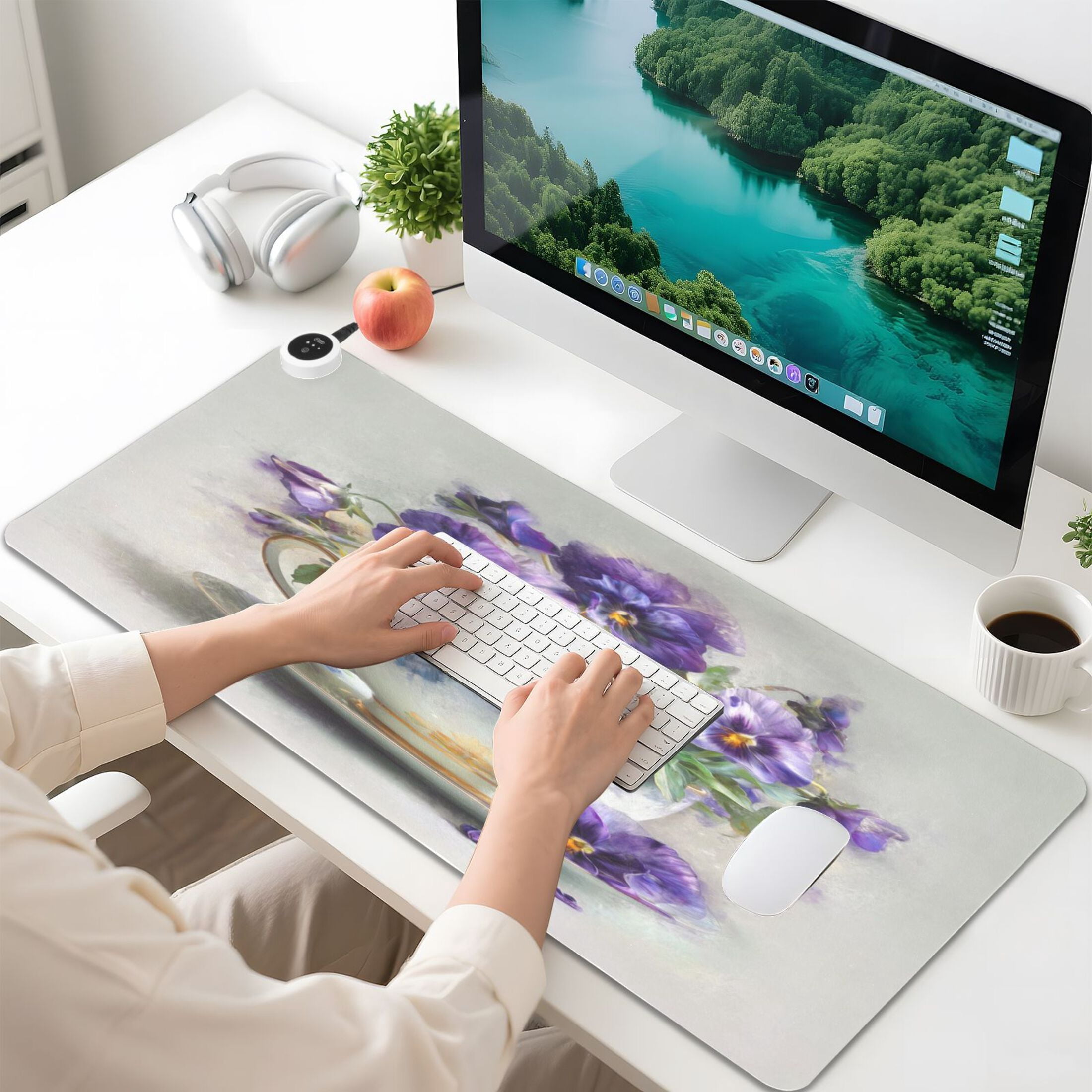 Large Heated Desk Mat Mouse Pad 31.5"x13"PU Leather Graphene Heating Desk Warmer with 3 Temperature Settings 110V US Plug Non-Slip Warm Pad for Home, Office, and Gaming Oil Painting Of Pansies
