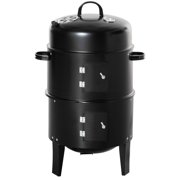 Outsunny Vertical Charcoal BBQ Smoker 3-in-1 Round Grill with Thermometer Outdoor Cooking Black