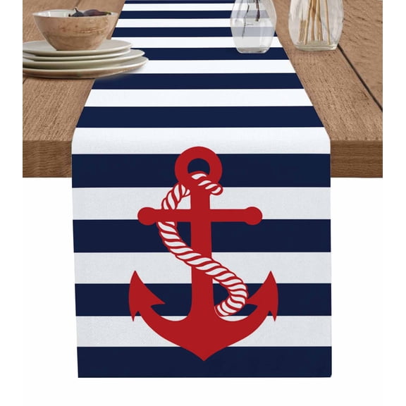 Navy Blue Stripe Nautical Table Runner Red Anchor Summer Coastal Tablerunners 13 x 90 Inch, Table Decorations Tabletop Scarf for Summer Gathering Holiday Farmhouse Kitchen Dining Decor