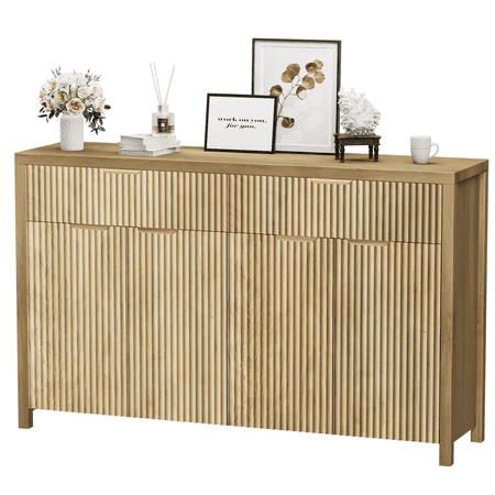 Aufeile Fluted Buffet Cabinet with 2 Drawers 55L Large Sideboard Credenza with Adjustable Shelf for Dining Room Storage Cabinet Kitchen Pantry Organizer Coffee Bar Station Natural Oak