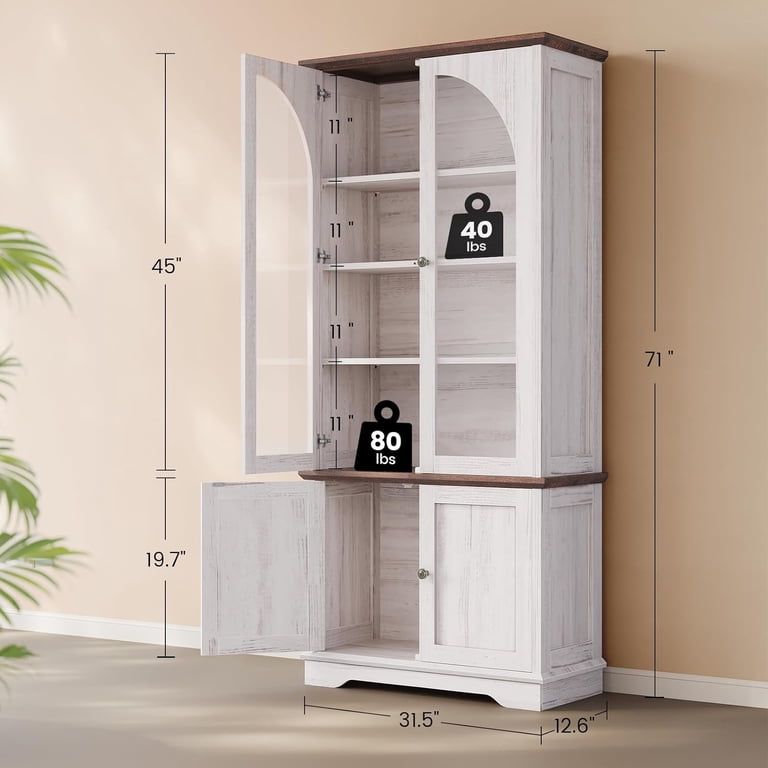71" Tall Arched Display Cabinet With Glass Doors - 5-Tier Farmhouse Bookshelf For Living Room Or Office