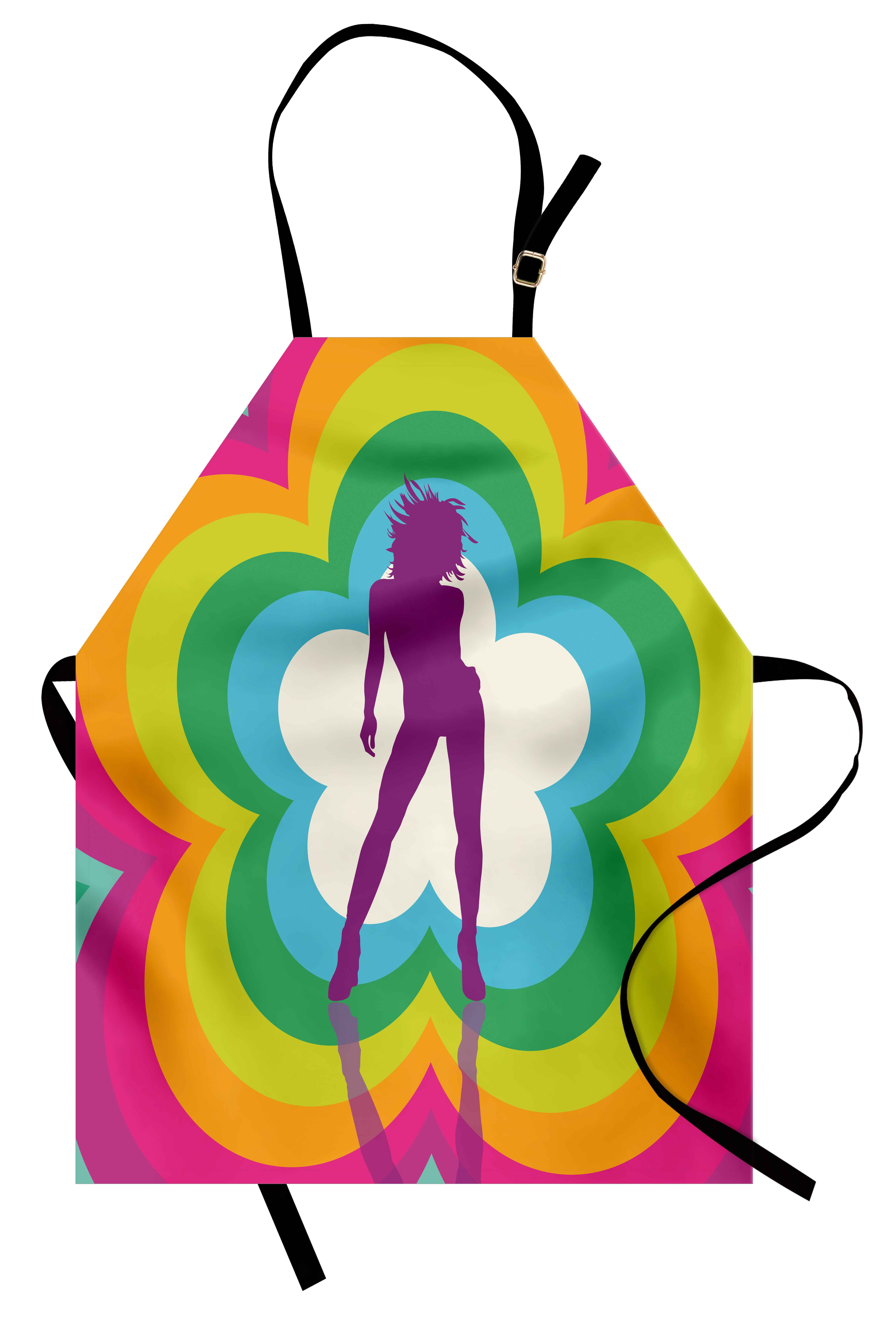 70s Party Apron Vibrant Colorful Flowers with Dancing Woman Psychedelic and Kaleidoscopic Design, Unisex Kitchen Bib... by 3decor llc