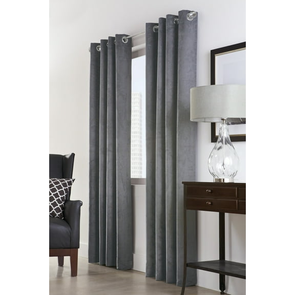 Nova Total Blackout Woven Faux Suede Curtain Panel 54" x 84" in Dark Grey