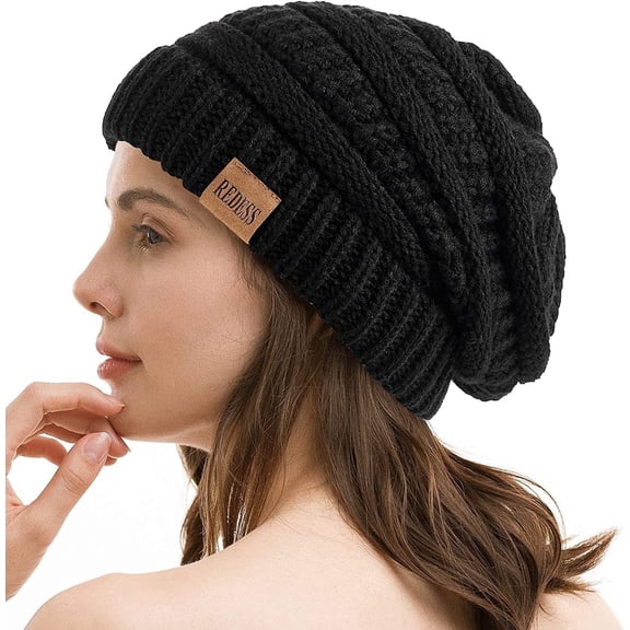 REDESS Slouchy Black Beanie Hat for Women Winter Warm Knit Fleece Lined Cap