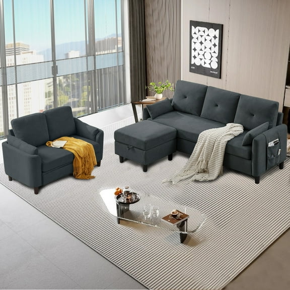 Soscana Convertible Sectional Sofa with Storage Ottoman and Loveseat, 3 Seater L Shaped Couch with Reversible Chaise and Storage Pockets for Living Room Apartment Studio Office