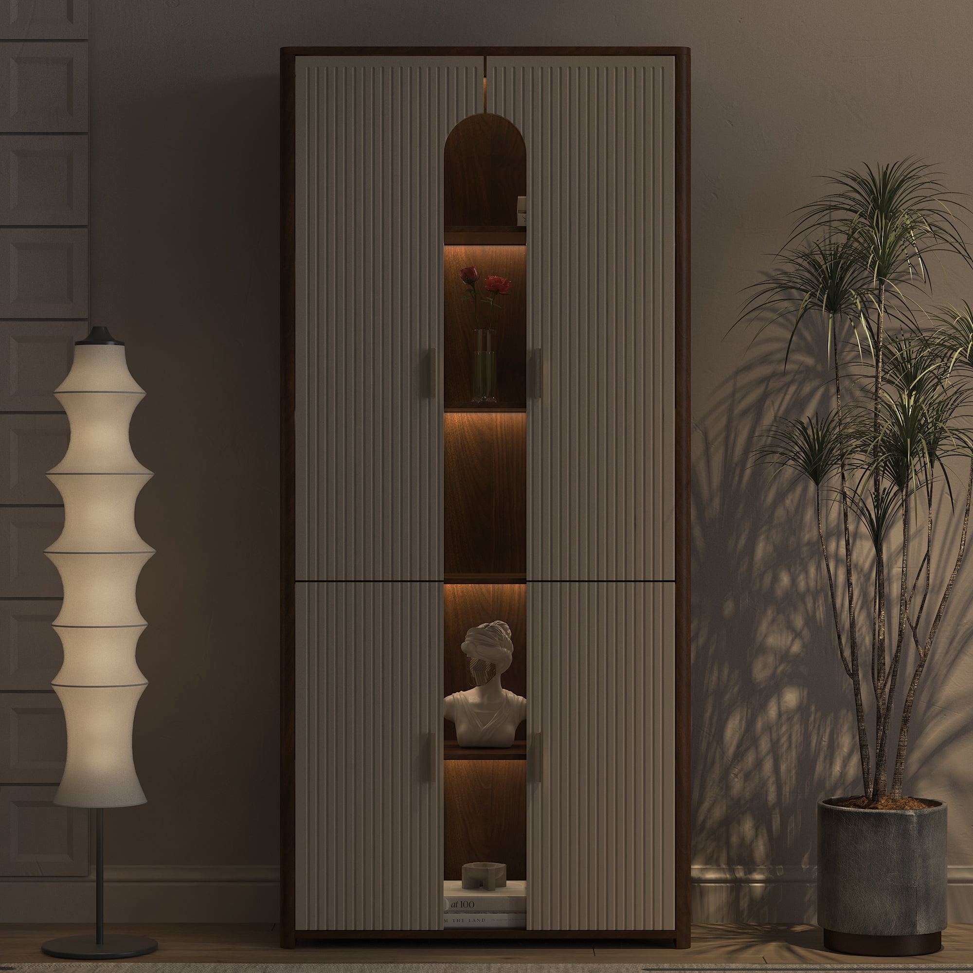 Leumius Display Cabinet with Doors,Bookcase with LED Lights, Display Case for Collectibles Bedroom Living Room Office