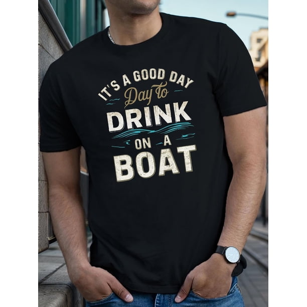 Camiseta informal con estampado "Beber en un barco" para hombre. Algodón suave, cuello redondo, negra con estampado en blanco y verde azulado. Ideal para deportes al aire libre y tiempo libre.