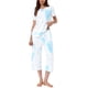 thumbnail image 2 of Conjunto de pijama para mujer INSPIRE CHIC, tie dye, de manga corta, pantalones capri con bolsillos, 2XL, azul y blanco, 2 of 6