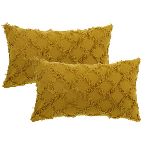 REGALWOVEN Set of 2 Solid Color Cut Flower Checkered Throw Pillow Covers Soft Cozy Neutral Decorative Cushion Covers for Sofa Home Decor Yellow 12" x 20"