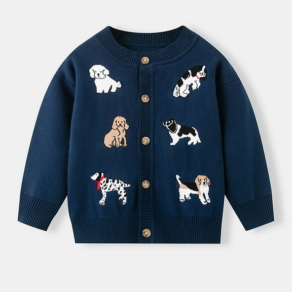 Infant 2 Years Dark Blue Cardigan - Dog Print Button Front, 100% Polyester Machine Washable, Cute Animal Design for Babies
