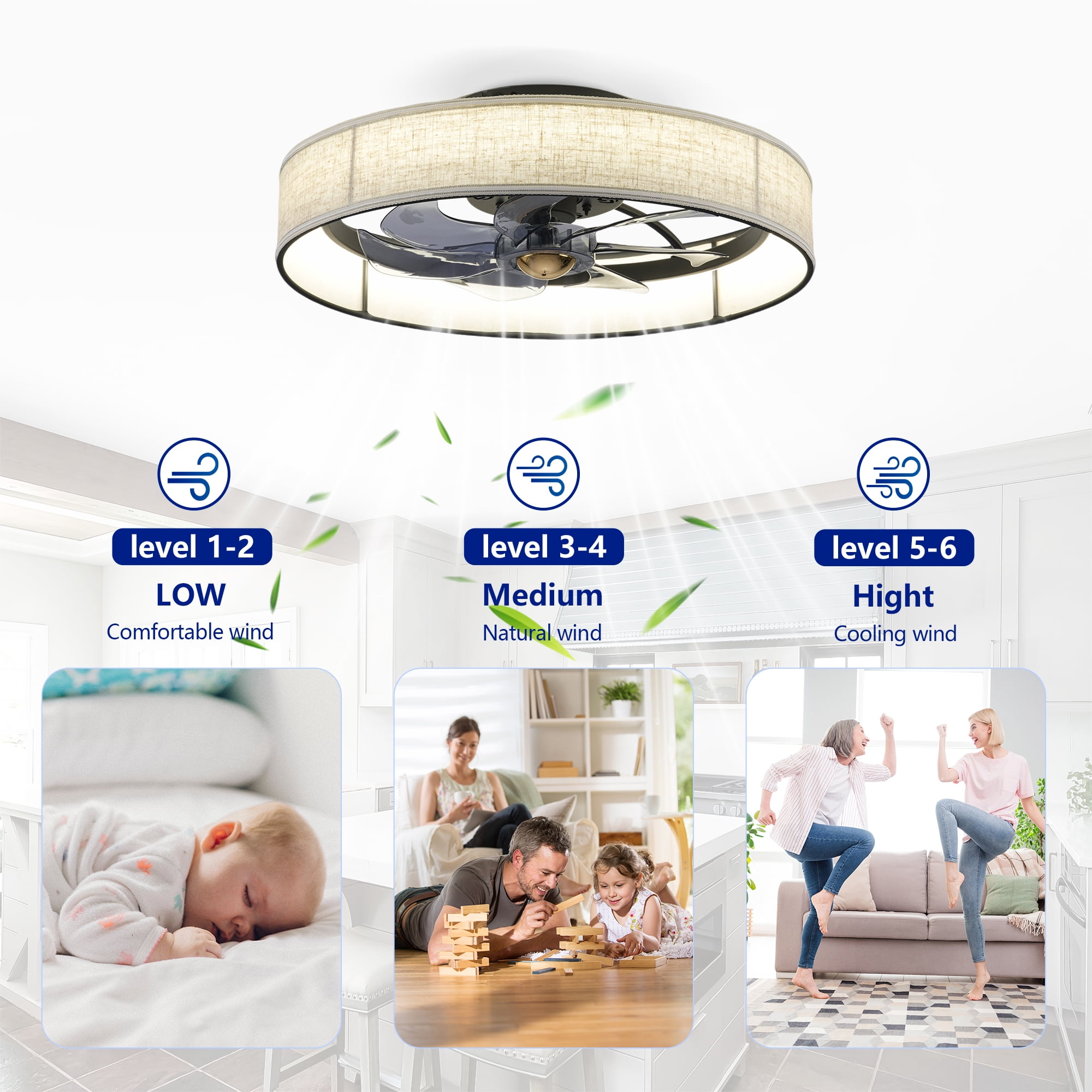 Leumius 20" Fabric Farmhouse 7 Blades Ceiling fan with Light and Remote Control, Quiet DC Motor Ceiling Fan for Living Room Bedroom Kitchen