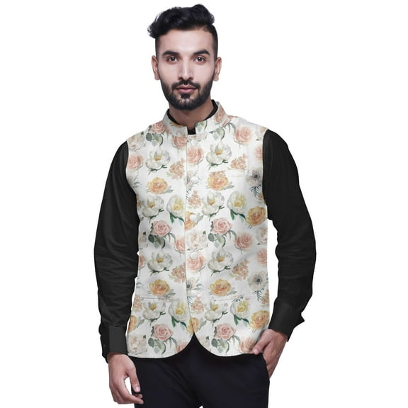 Atasi Floral Marriage Ethnic Coat For Men Printed Nehru Jacket Mens Bandhgala Casual Vest Jacket-Large