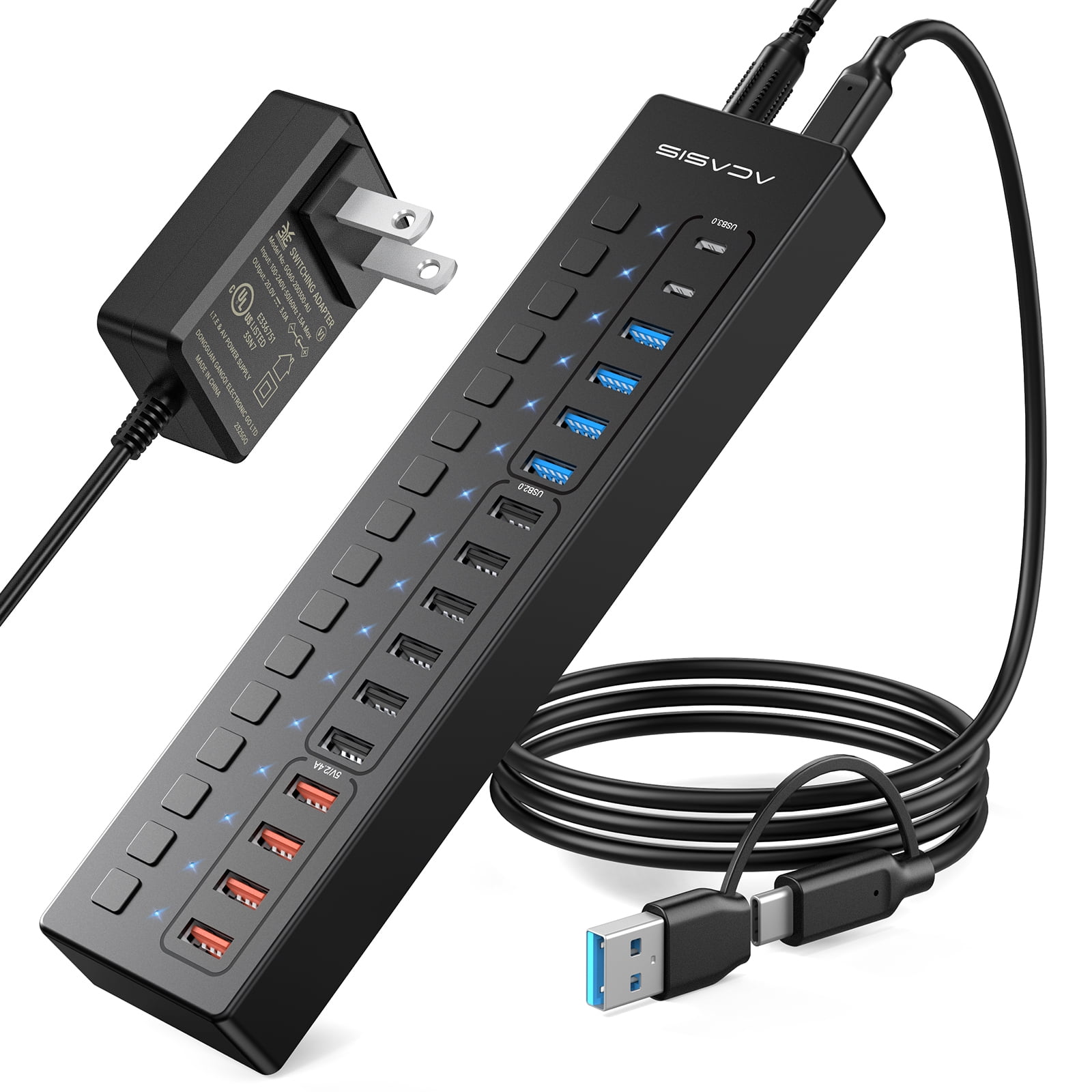 ACASIS 16 Ports USB 3.0 Hub with 5Gbps Data Speed，Aluminum Housing, USB Hub Powered with 60W Power Adapter, USB Hub for PC/Laptop, Computer, Flash Drive, Printer, Camera