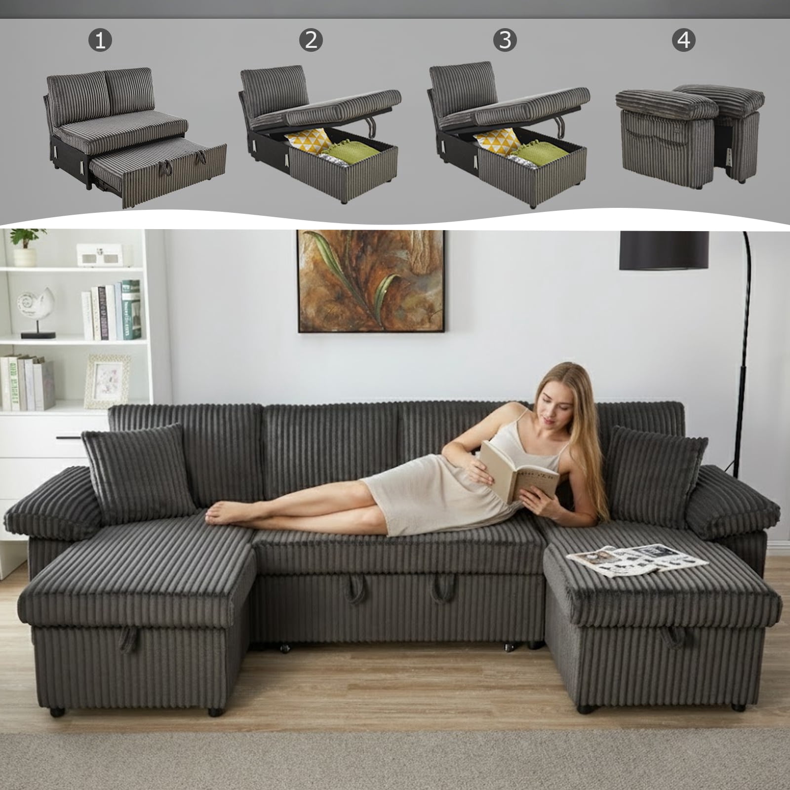 Aisword 113" Sectional Couch with Storage Chaise, U Shaped Adjustable Backrest Couch with Pull Out Bed, 4 Seater Sectional Couches for Living Room (Corduroy, Dark Grey)