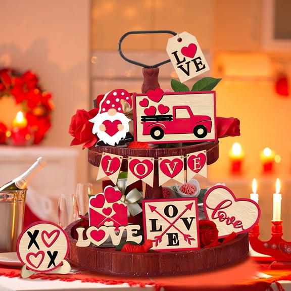 Harupink Valentine's Day Tiered Tray Decor Delicate Wooden Tabletop Decor Tray Decoration Lightweight Tiered Tray Sign for Tabletop Party Dating