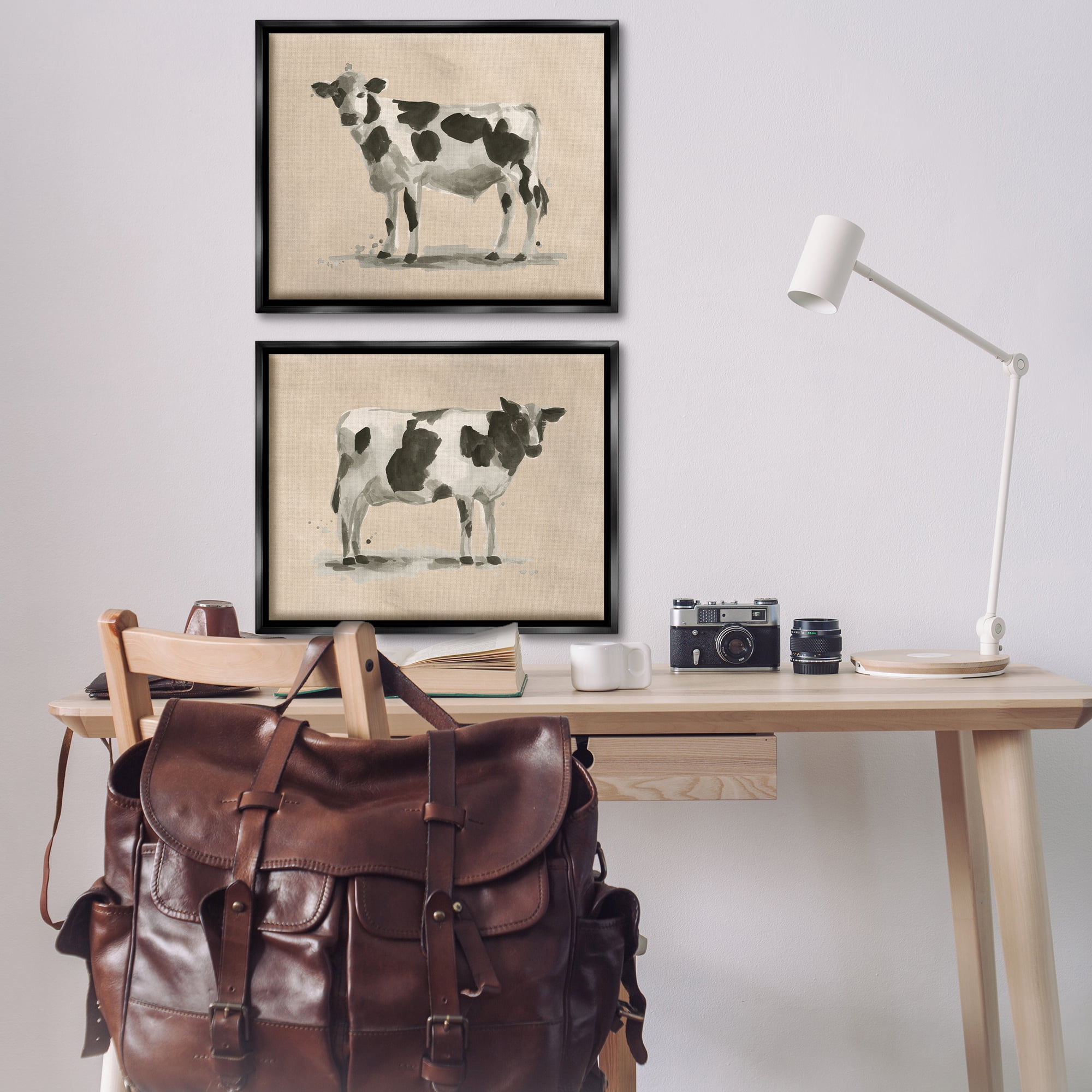 Stupell Industries Beige Holstein Cow Portrait Animals Painting Black Floater Framed Canvas Art Print Wall Art, 31 x 25, Set of 2