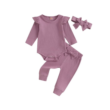 

Qtinghua 3Pcs Newborn Infant Baby Girls Fall Outfits Long Sleeve Romper+Long Pants+Headband Clothes Purple 9-12 Months