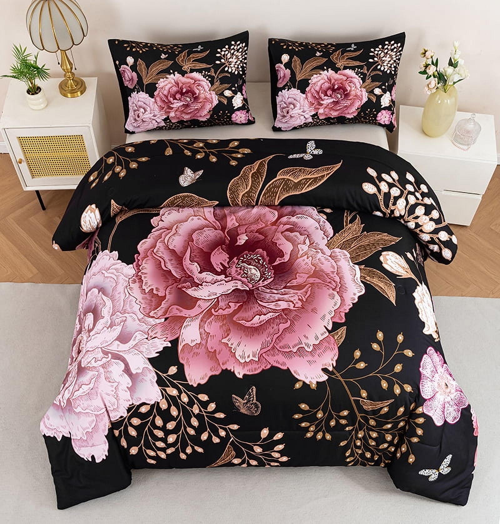URBONUR 3 Pieces Black Pink King Size Bedding Set Floral Comforter Set Pink Flowers and Gold Butterfly Bed Set for Women Soft Botanical Bedding Comforter Set for All Season