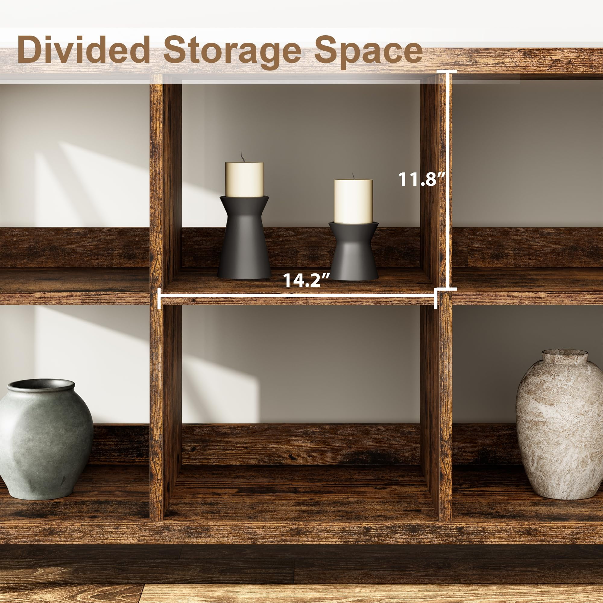 TROPOW 8 Cube Storage Organizer, 3 Tier Metal Horizontal Bookcase, 62 Inch Console, Industrial Storage for Entryway, Long Low Bookshelf for Living Room - Retro Brown