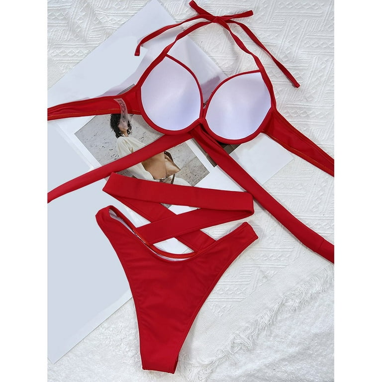 Fancy Womens String Bikinis Set Push Up Swimwear Solid High Waist Split  Swimsuit Red M