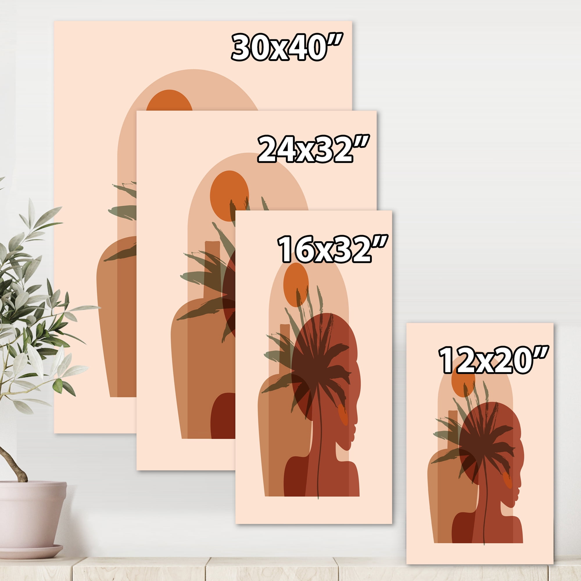 Abstract Pretty Girl Portrait and Tropical Palm Leaf 12 in x 8 in Painting Canvas Art Print, by Designart