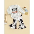 thumbnail image 4 of Musuos Kid Girl Autumn Clothes Set, 12 18 24M 3 4 5 6T Letter Print Long Sleeve Round Neck Pullover + Cow Spot Print Flare Trousers, 4 of 10