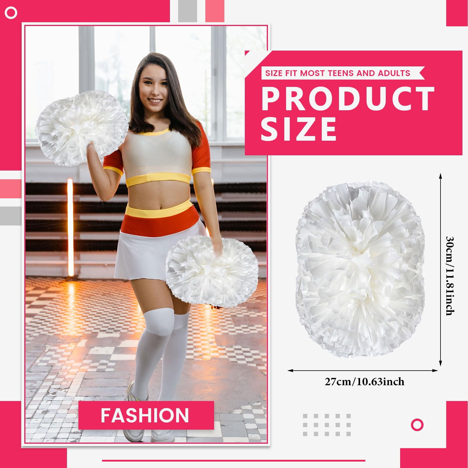 Cheer Pom Poms 8 Pcs with Handle, Cheerleading Handheld Squad Pompoms for Sports Team Cheer Spirit Games Dance Party Adults