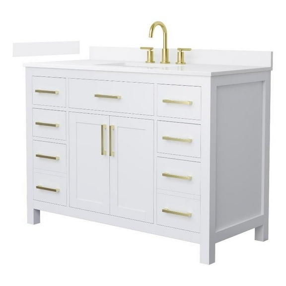 Beckett 48" White Single Vanity & White Quartz Top (3-Hole) & Gold Trim