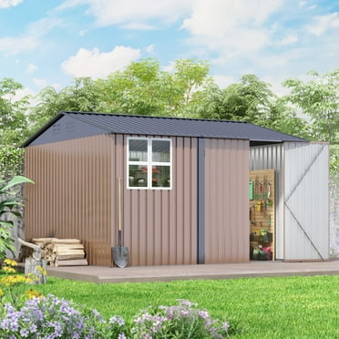 JAXPETY 10' x 10' Metal Storage Shed with Large Window & Lockable Doors for Patio Backyard Lawn, Brown