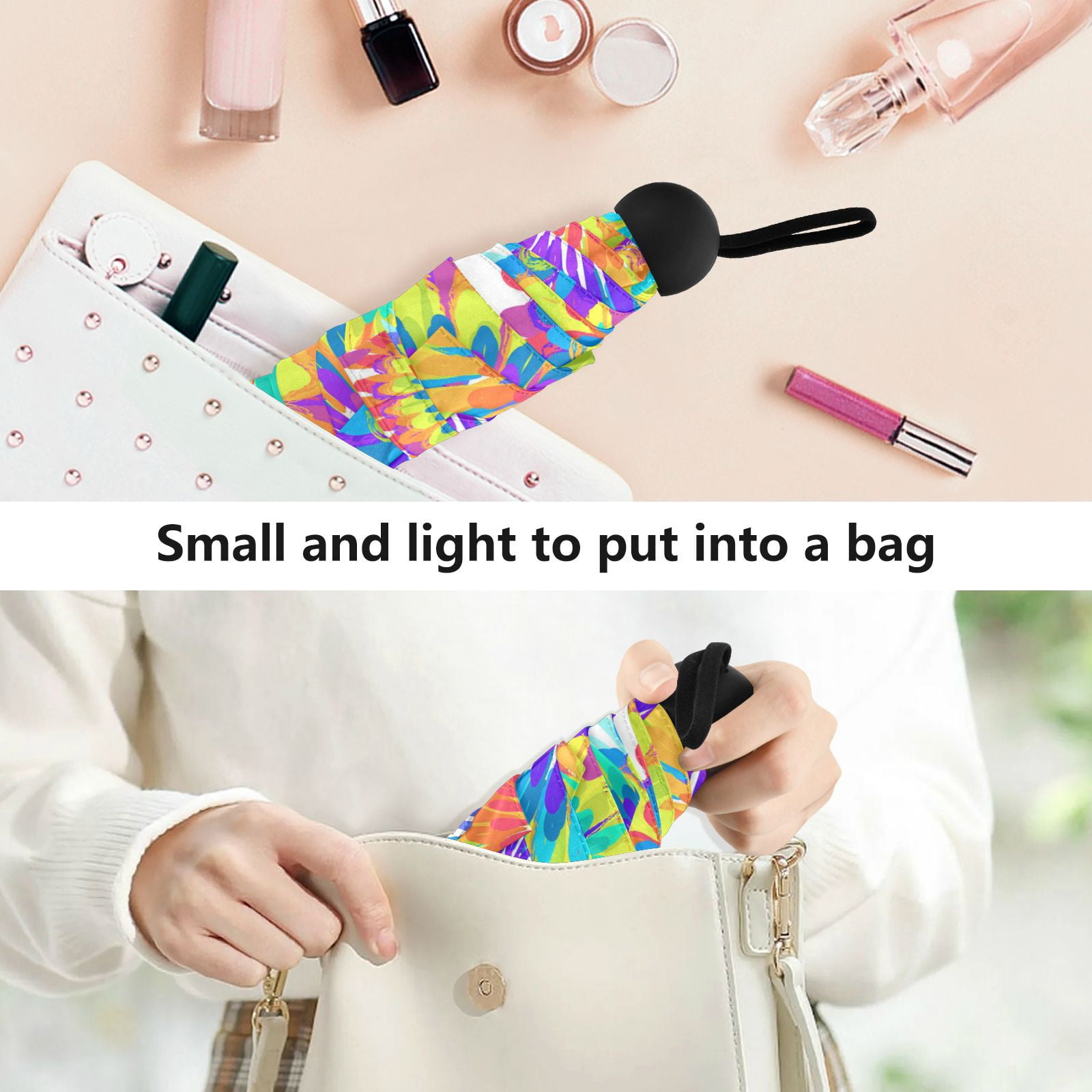 JSTEL Tie Dye Rainbow Circle Folding Umbrella for Rain Sun Travel Mini Lightweight Compact Umbrellas