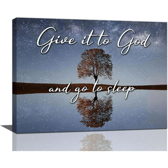 Give It to God And Go to Sleep Sign Canvas Wall Art Tree of Life Starry Sky Pictures for Bedroom Wall Decor Religious Inspirational Painting Print Artworks Home Decor for Living Room 16"x12"