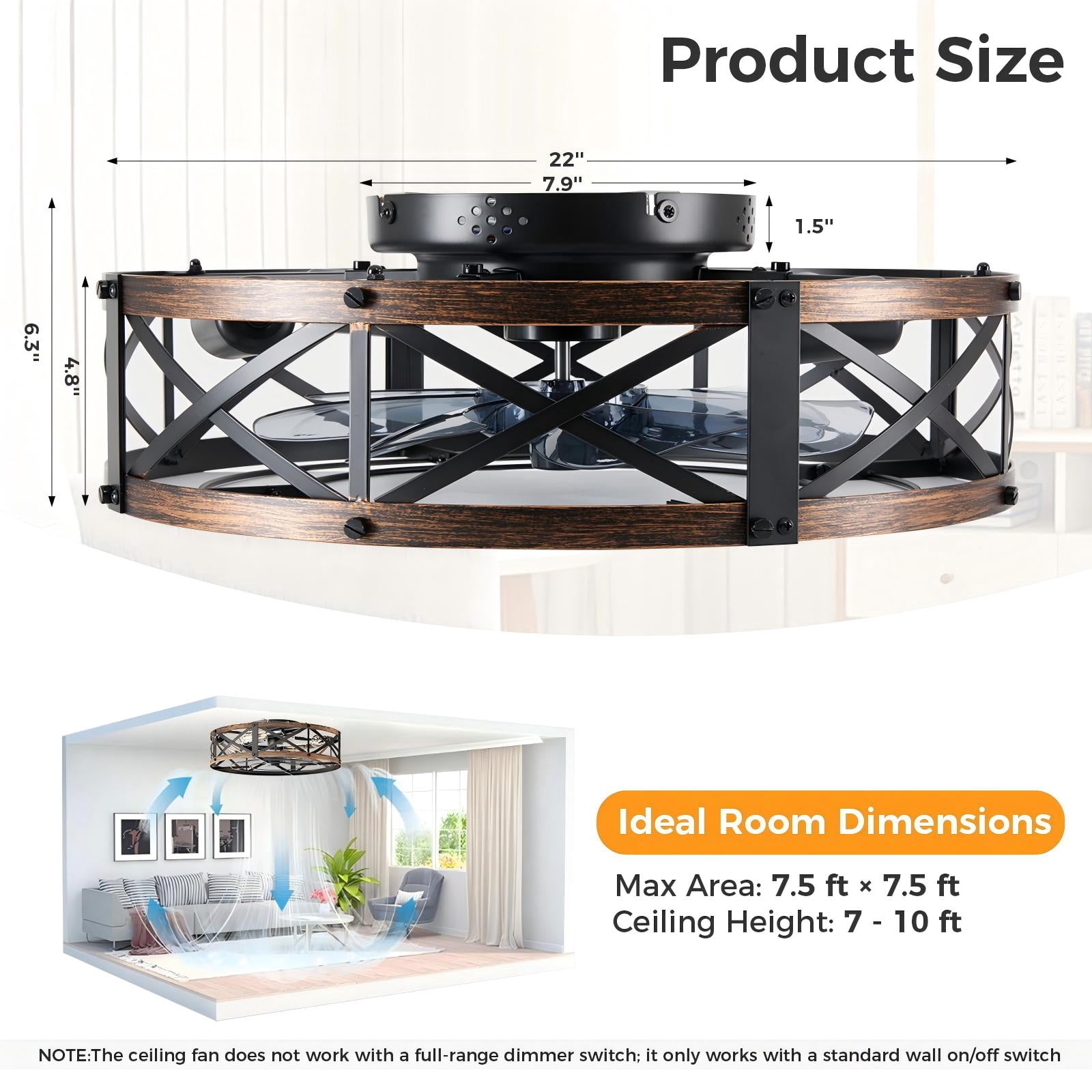 CONCETTA 22" Farmhouse Flush Mount Ceiling Fan with Lights, Quiet Bladeless Fandelier for Bedroom Kitchen, Remote Control Rustic Low Profile Caged Ceiling Fan, Gold