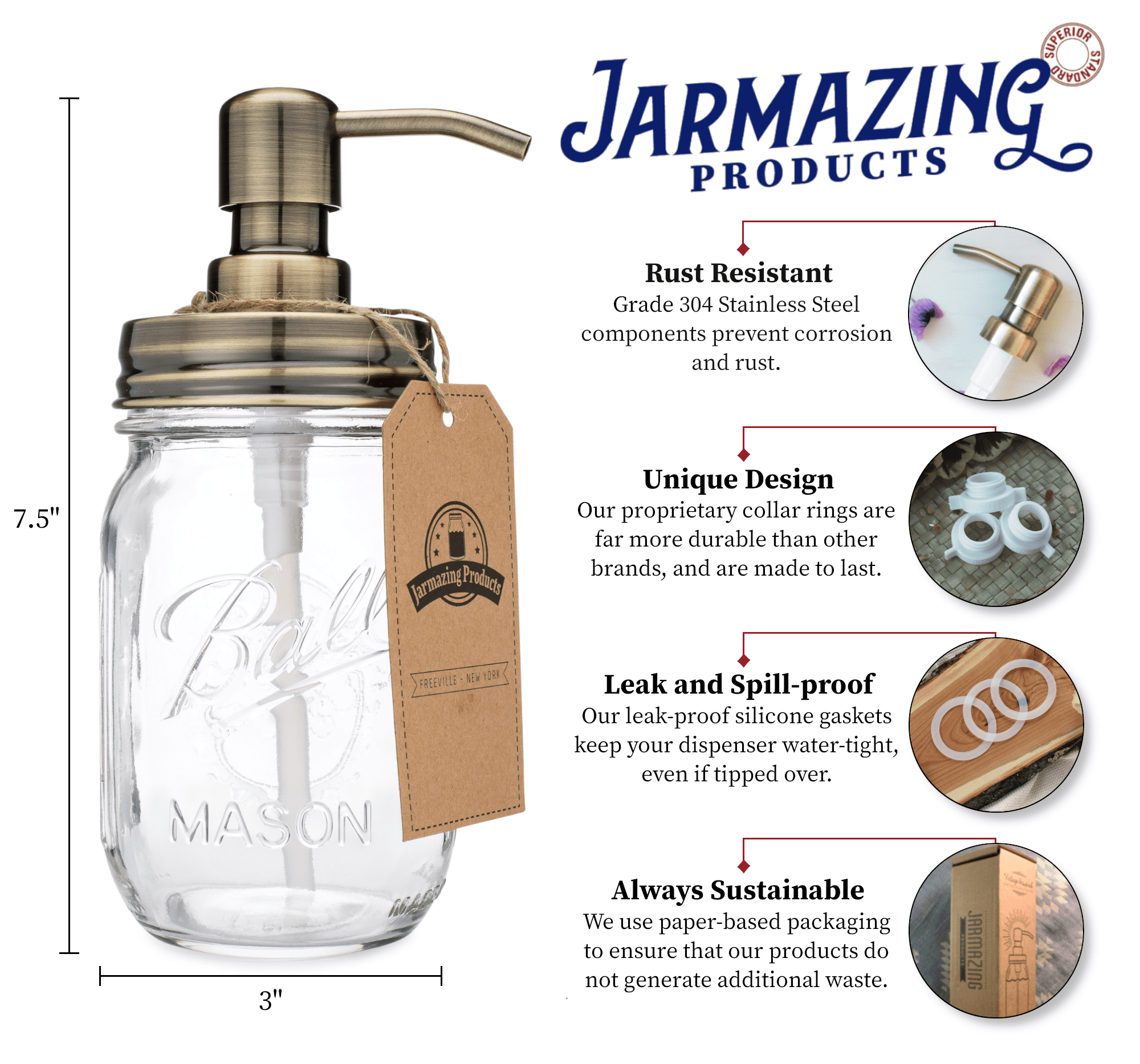 Jarmazing Products Classic Farmhouse Mason Jar Soap Dispenser - Brass - With 16 Ounce Ball Mason Jar