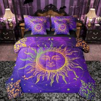 Manfei Boho Abstract Sun 7 Pieces Bedding Comforter Set,Vintage Damask Floral Full Bedding Set,Purple Gold Fitted Sheet Flat Sheet For Adults,Luxury Bedroom Decor Reversible