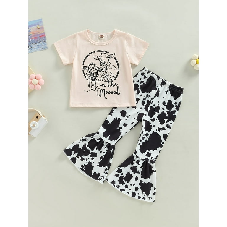 Western Baby Girl Clothes Bell Bottom Outfit Cow Print Short Sleeve T-Shirt  Top Flare Pants Set Cowgirl Outfits
