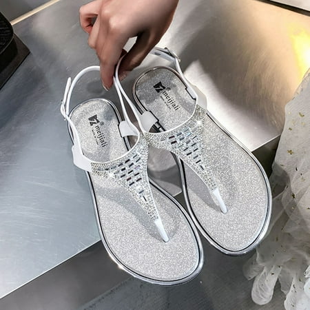 

Cathalem Bohemian Women s Flops With Rhinestones Beach Sandals Summer Spring And Flat Flip Women s sandals Little Women Sandals Silver 6.5