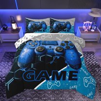 Feelyou Video Gamer Boy Full Size Comforter Sets, Blue Gamepad Modern Gaming Bedding Comforter Set, Honeycomb Abstract Reversible Bedding Sets, Lightweight Room Decor, 3pcs