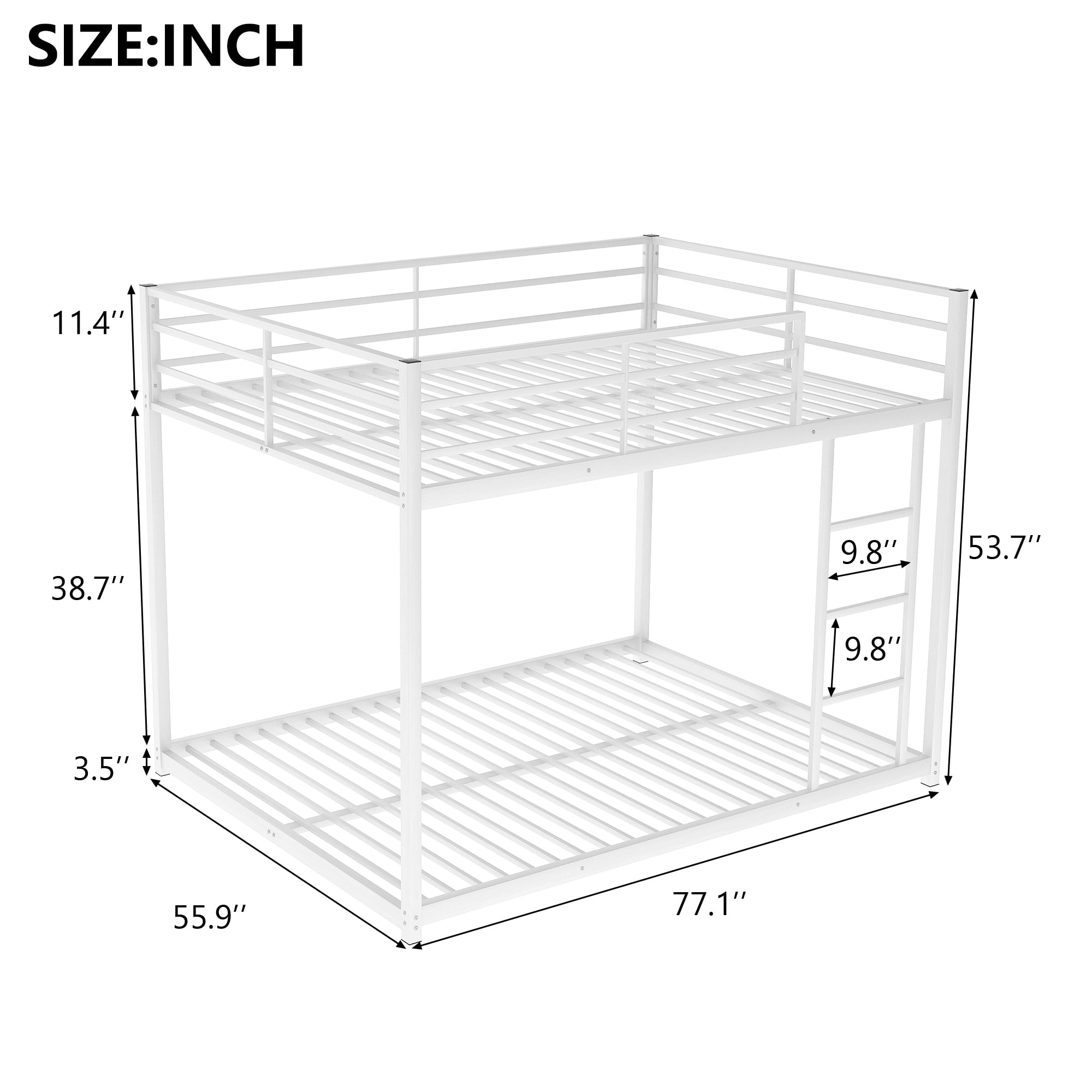 Leumius Full Over Full Low Bunk Bed for Kids Teens Adults,Metal Low Bunk Bed with Ladder and Safety Guardrails,Weight Capacity 350lb,White