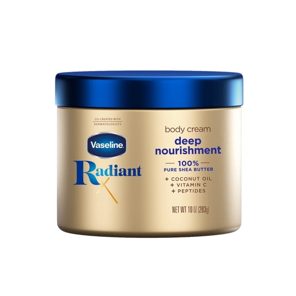 Vaseline Radiant X Deep Nourishment Body Cream 100% Pure Shea Butter, Coconut Oil, Vitamin C, & Peptides, 10 oz